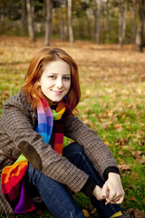 Portrait of red-haired girl in the autumn park.