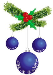 Fototapeta na wymiar three blue Christmas balls hanging on spruce twig