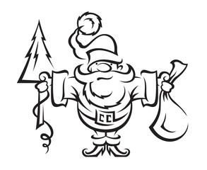 Santa Claus with a bag of gifts and tree