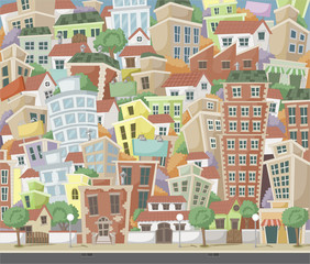 Vector illustration of a city with colorful trees and buildings
