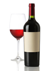 Red wine bottle with and empty label and glass