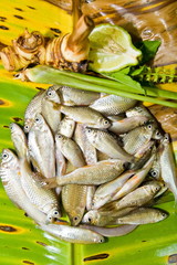 Fresh fish on banana leaf preparing for Thai food,