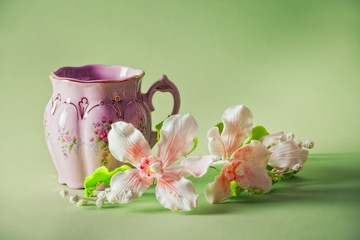 The cup of green tea with caramel orchid on green background