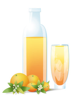 Verre et bouteille de jus d'oranges sur fond blanc