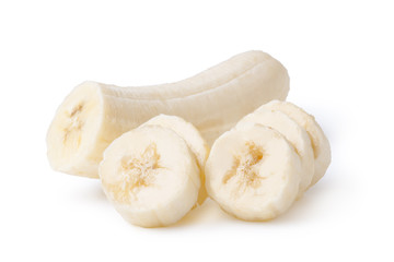 Freshly sliced bananas on a white background