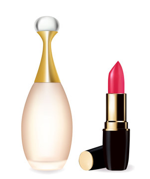 Red Lipstick And Perfume Bottle. Vector