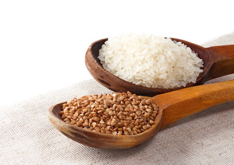 rice and buckwheat in spoon
