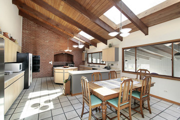 Kitchen with wood ceiling and skylights