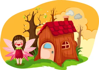 Papier Peint photo Monde magique petite fée avec maison en bois