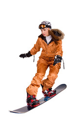 Fototapeta na wymiar Woman with a snowboard isolated on white
