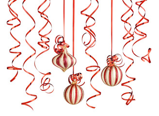 christmas ribbons and balls isolated over white background