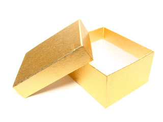 Opened empty gold gift box on a white background