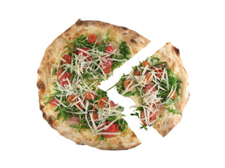 Italian pizza with uncooked fresh tomatoes, cheese and rocket