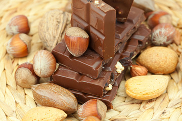 bar of chocolate and nuts on a wicker mat
