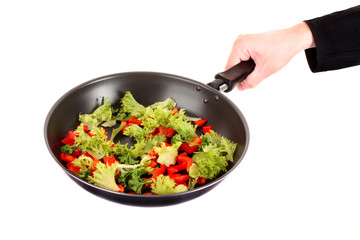 frying pan with vegetables  in hand on white