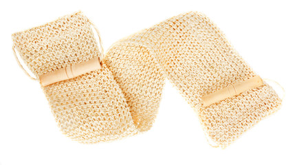 Natural textile bath sponge with rope and wooden handle