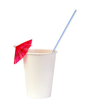 paper cup with a straw and pink cocktail umbrella isolated