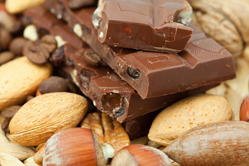 bar of chocolate and nuts on a wicker mat