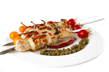 roasted pork kebab on white