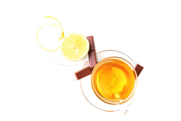 dark chocolate and tea on white