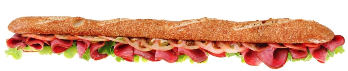 very long baguette with sausage and tomatoes