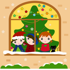 children behind the window- it's snowing