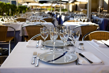 Restaurant table prepared for dinner