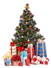 Christmas tree and group gift box.  Isolated.