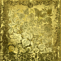 abstract gold floral ornament on rusty green background
