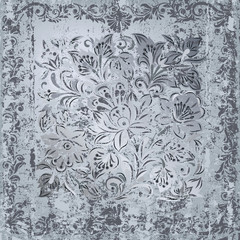abstract grey floral ornament on rusty silver background