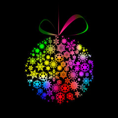 Multicolored Christmas  ball made of snowflakes and stars on bla