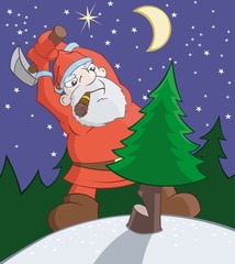 Bad Santa Claus is cutting of a fur-tree with axe