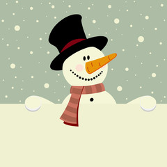vector xmas illustration of happy snowman holding blank paper