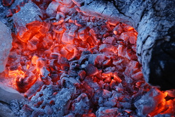 Fire coals after wooden camp fire.