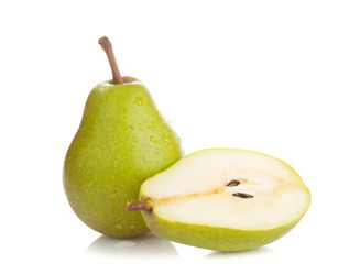 Two perfect wet pears on white background