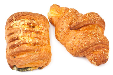 Croissant with sesame seeds and bun with cheese and spinach