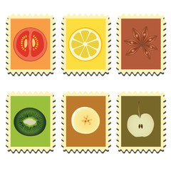 set of six stamps with vegetables, fruits and spice