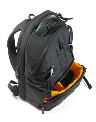 Black backpack camera case isolated on white