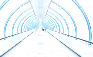 light corridor in airport with curved glass wall, people moving