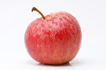 Apfel mit Wassertropfen vor weissem Hintergrund