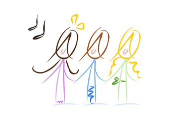 Bunte Zeichnung: Drei singende Mädchen