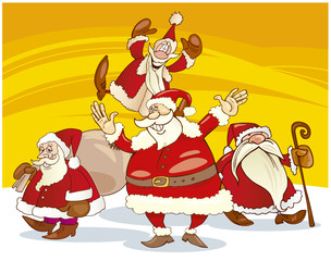 illustration of four santa clauses