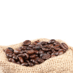 Coffee beans in canvas sack isolated on white