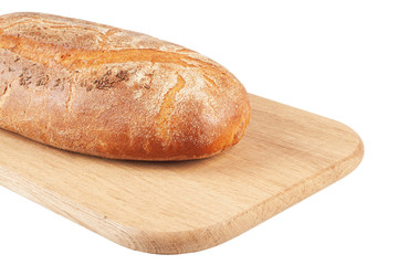 Rye bread loaf on a wooden chopping board isolated on white