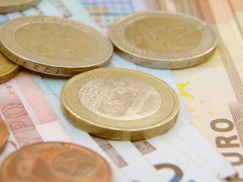 Euro currency banknotes and coins