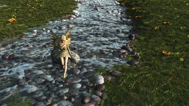 Fairy paddling in a stream