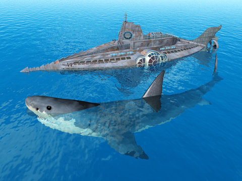 Fantasy Submarine with Monster Shark