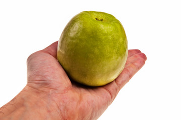 Green apple laying on white male handover white background.
