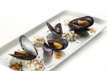 Boiled mussels on white plate - 27776186