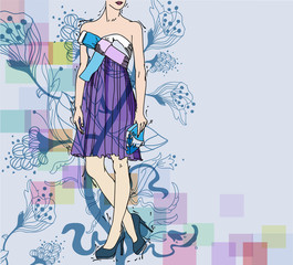 vector background with    a  girl dressed in a cocktail dress